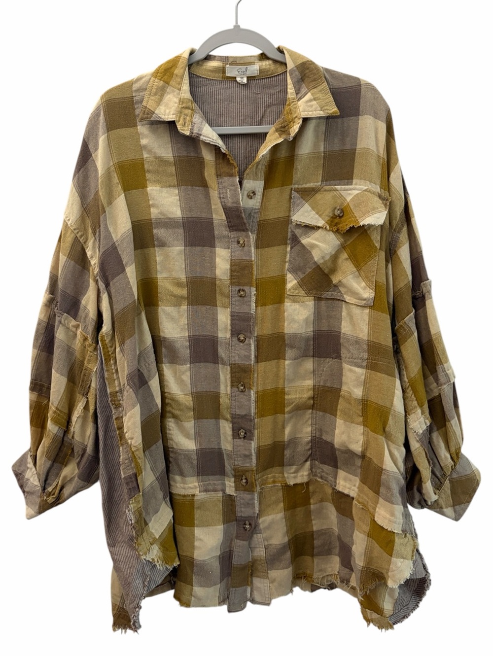 Easel Oversized Fireside Plaid Button-Front Shirt Jacket Mustard Brown M Cotton